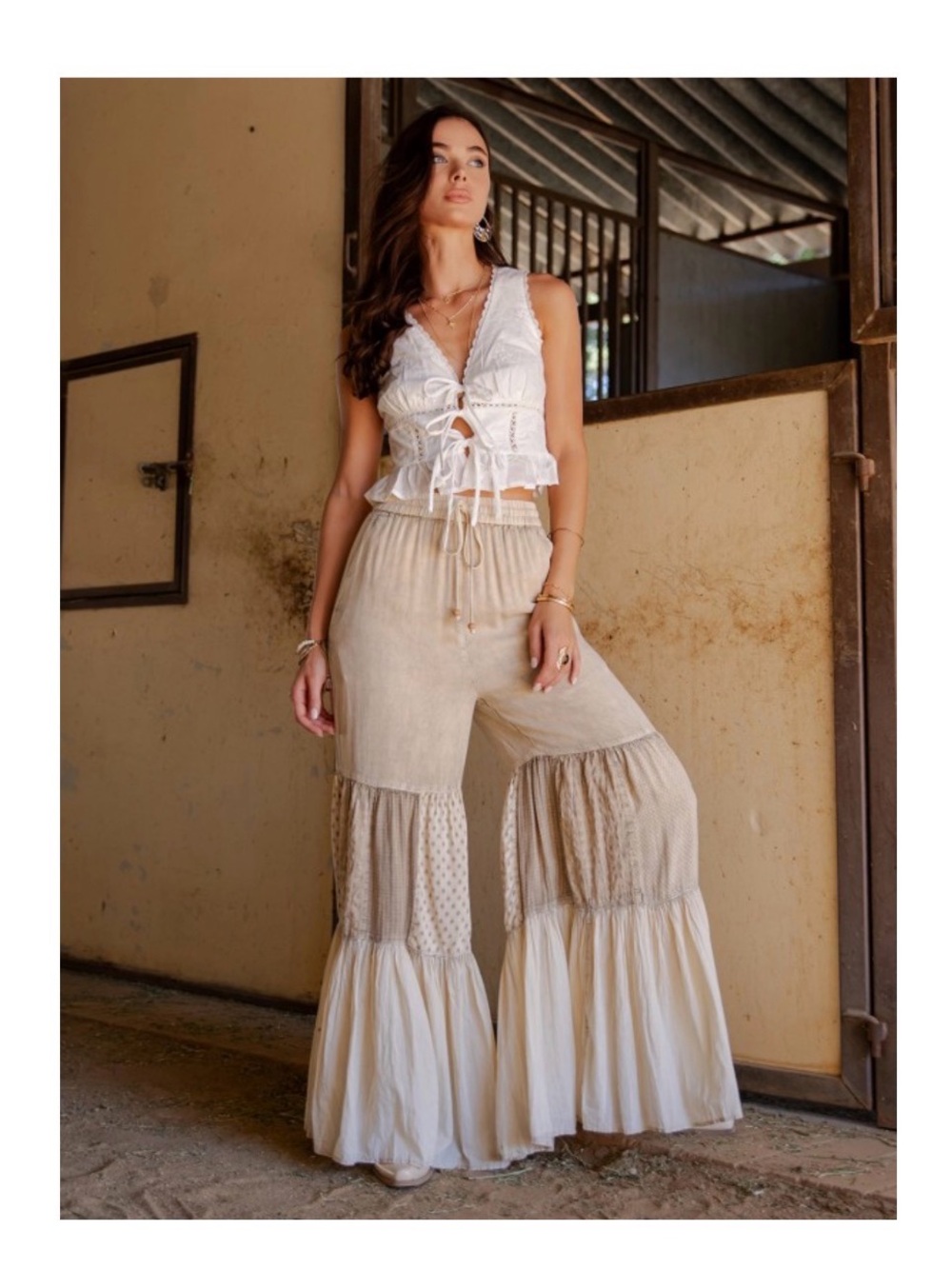 Young Threads Latte Mineral Wash Tiered Wide Leg Cotton Palazzo Pants XL NWT
